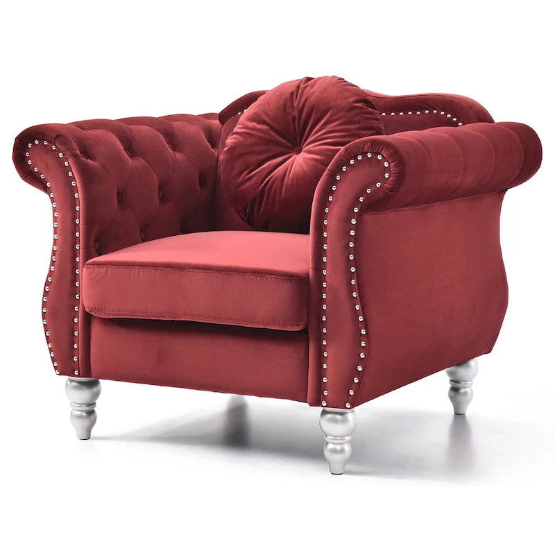 Fauteuil d'appoint Hollywood Chesterfield en velours touffeté avec coussin décoratif rond – 39L x 35P x 34H
