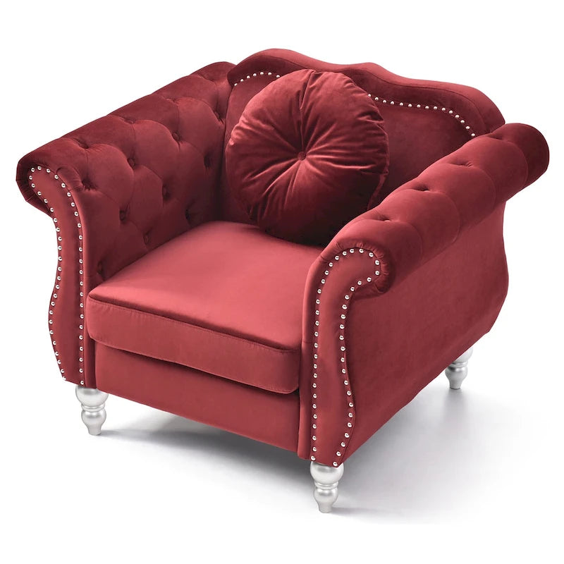 Fauteuil d'appoint Hollywood Chesterfield en velours touffeté avec coussin décoratif rond – 39L x 35P x 34H