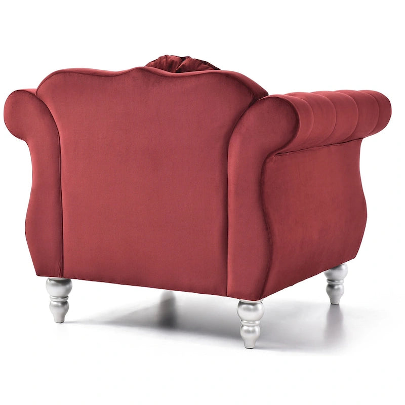 Fauteuil d'appoint Hollywood Chesterfield en velours touffeté avec coussin décoratif rond – 39L x 35P x 34H