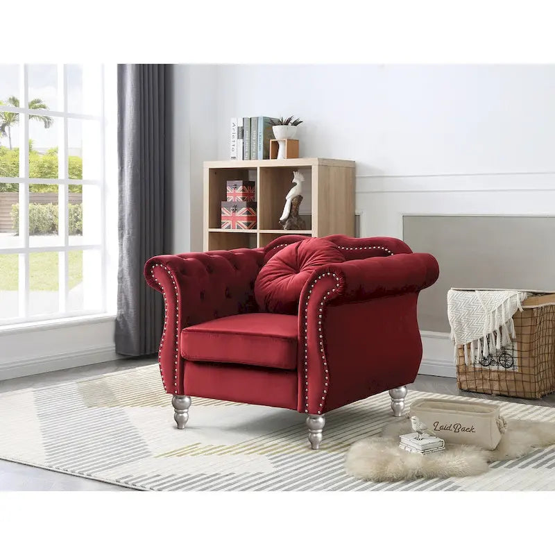 Fauteuil d'appoint Hollywood Chesterfield en velours touffeté avec coussin décoratif rond – 39L x 35P x 34H