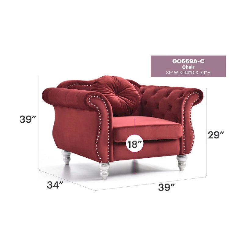 Fauteuil d'appoint Hollywood Chesterfield en velours touffeté avec coussin décoratif rond – 39L x 35P x 34H