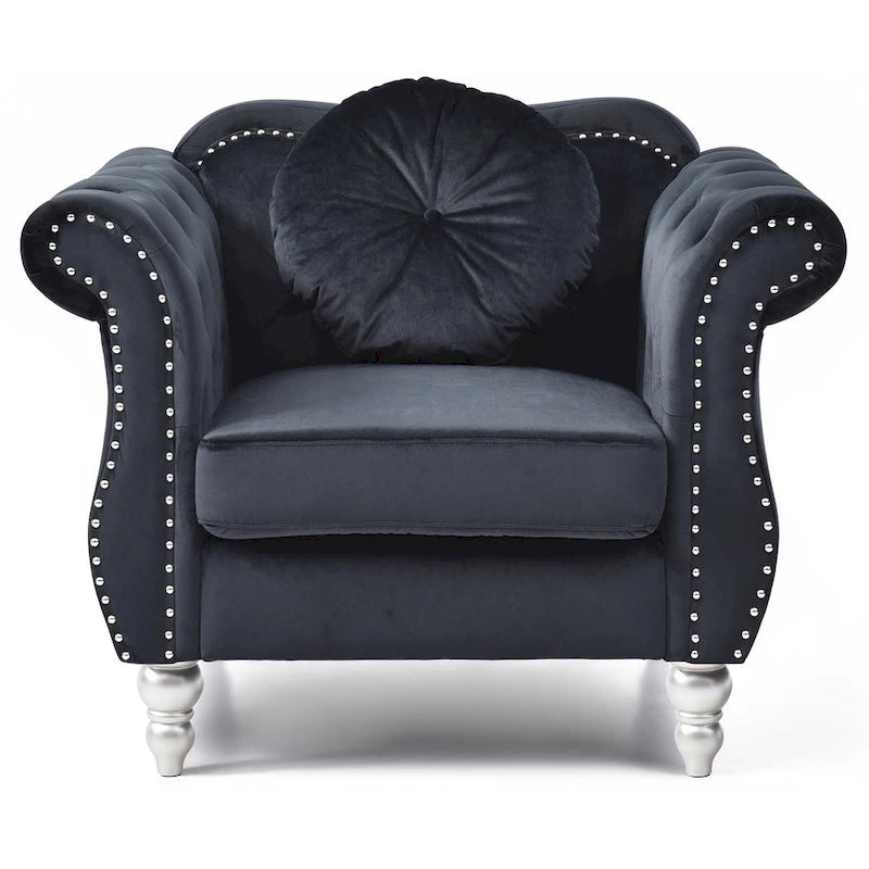 Fauteuil d'appoint Hollywood Chesterfield en velours touffeté avec coussin décoratif rond – 39L x 35P x 34H