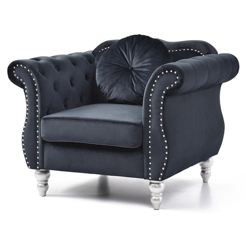 Fauteuil d'appoint Hollywood Chesterfield en velours touffeté avec coussin décoratif rond – 39L x 35P x 34H