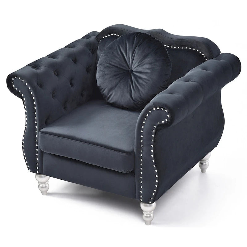 Fauteuil d'appoint Hollywood Chesterfield en velours touffeté avec coussin décoratif rond – 39L x 35P x 34H