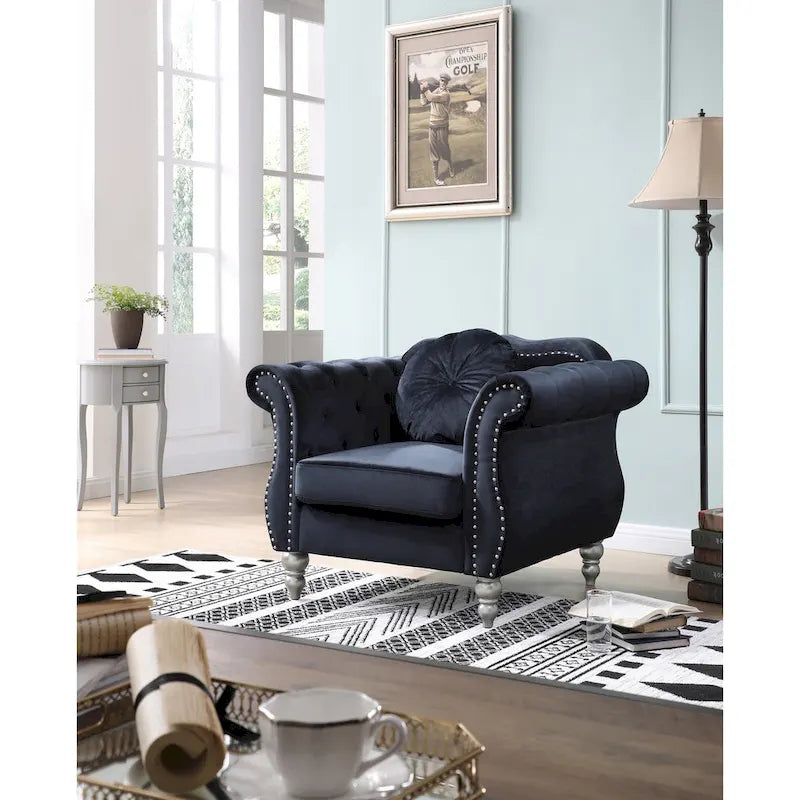 Fauteuil d'appoint Hollywood Chesterfield en velours touffeté avec coussin décoratif rond – 39L x 35P x 34H