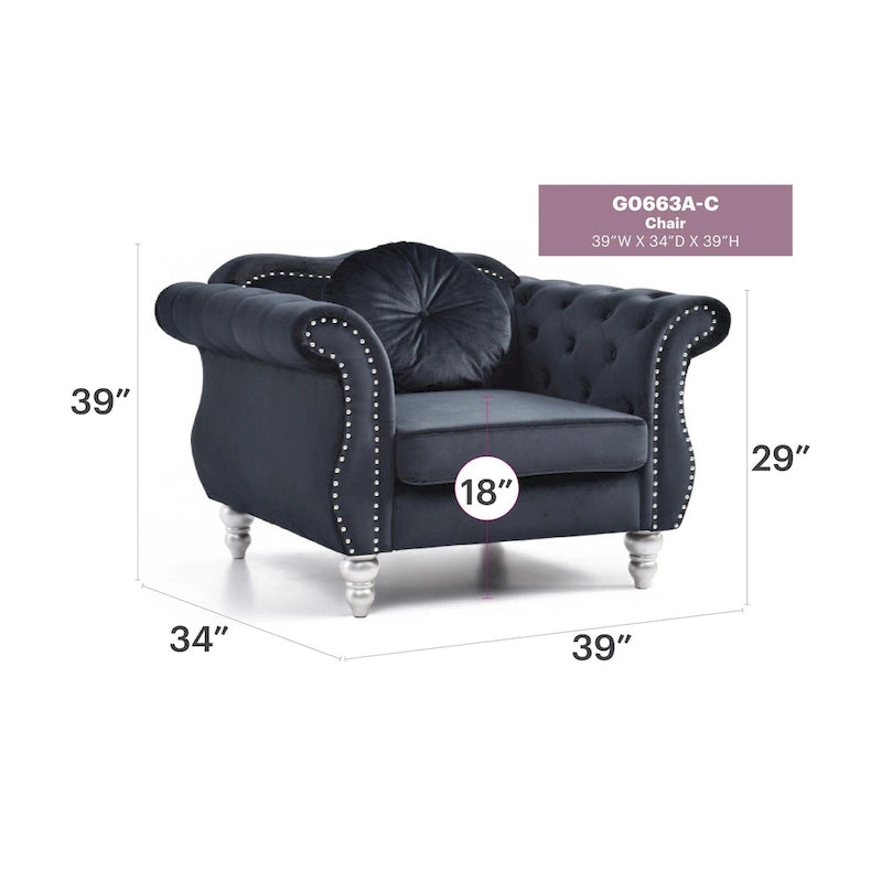 Fauteuil d'appoint Hollywood Chesterfield en velours touffeté avec coussin décoratif rond – 39L x 35P x 34H