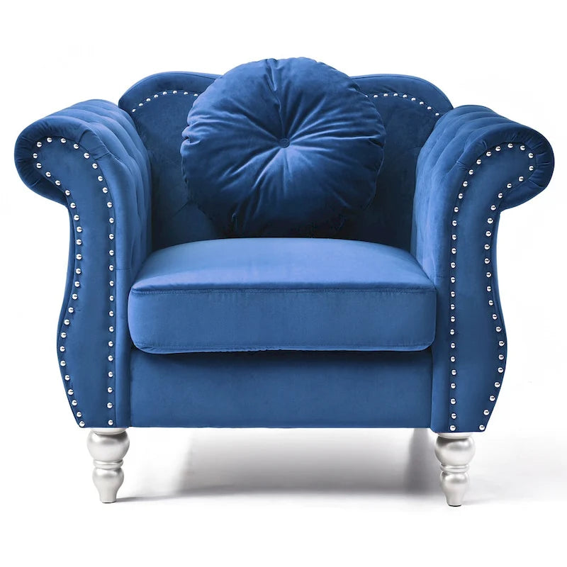 Fauteuil d'appoint Hollywood Chesterfield en velours touffeté avec coussin décoratif rond – 39L x 35P x 34H