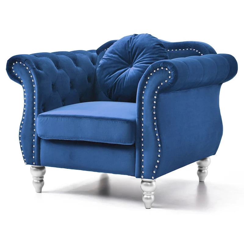 Fauteuil d'appoint Hollywood Chesterfield en velours touffeté avec coussin décoratif rond – 39L x 35P x 34H