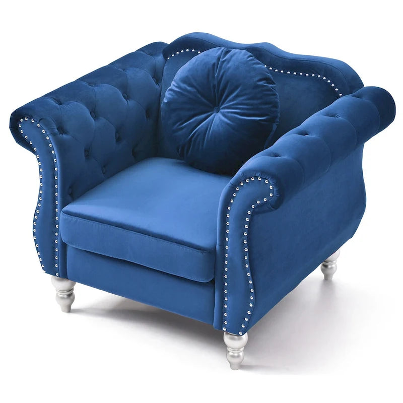 Fauteuil d'appoint Hollywood Chesterfield en velours touffeté avec coussin décoratif rond – 39L x 35P x 34H