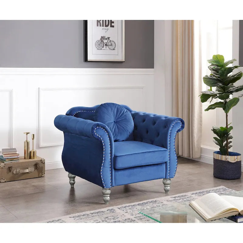 Fauteuil d'appoint Hollywood Chesterfield en velours touffeté avec coussin décoratif rond – 39L x 35P x 34H