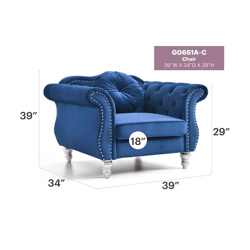 Fauteuil d'appoint Hollywood Chesterfield en velours touffeté avec coussin décoratif rond – 39L x 35P x 34H