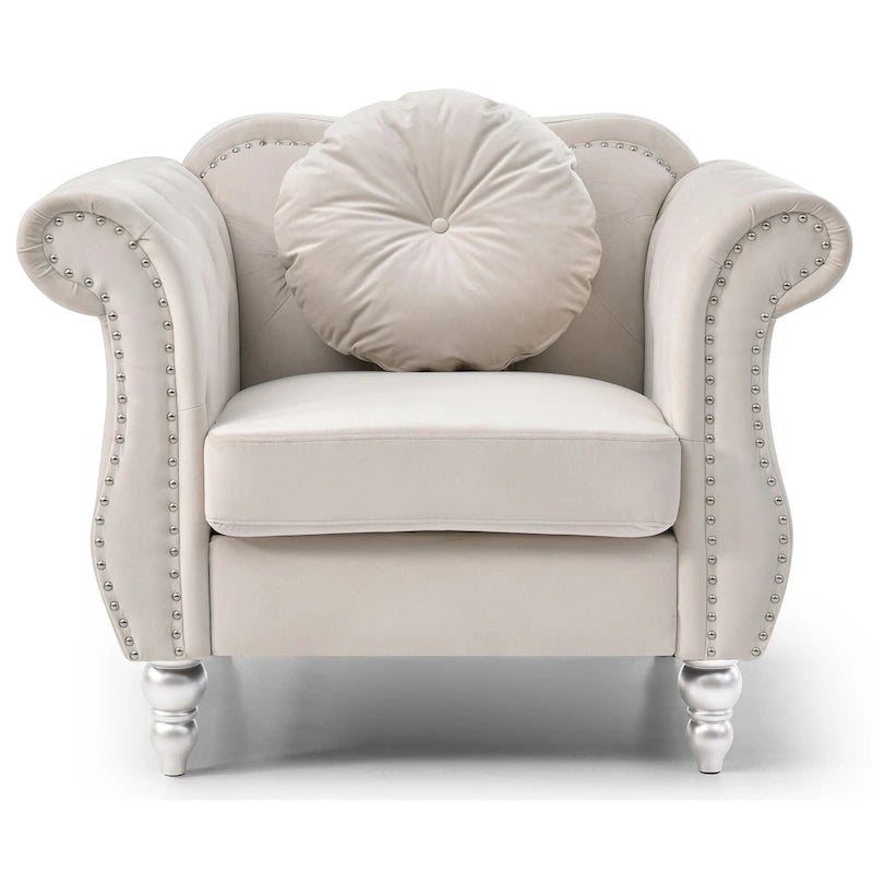 Fauteuil d'appoint Hollywood Chesterfield en velours touffeté avec coussin décoratif rond – 39L x 35P x 34H