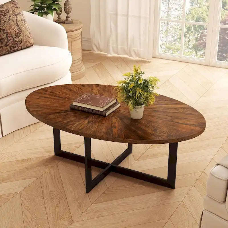Table basse ovale noire/marron/marron rustique, base métallique croisée, étagère à 2 niveaux