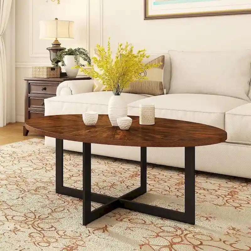 Table basse ovale noire/marron/marron rustique, base métallique croisée, étagère à 2 niveaux