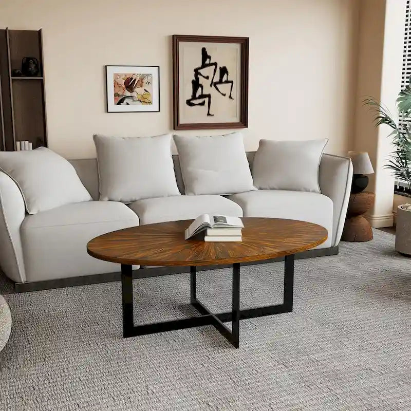 Table basse ovale noire/marron/marron rustique, base métallique croisée, étagère à 2 niveaux