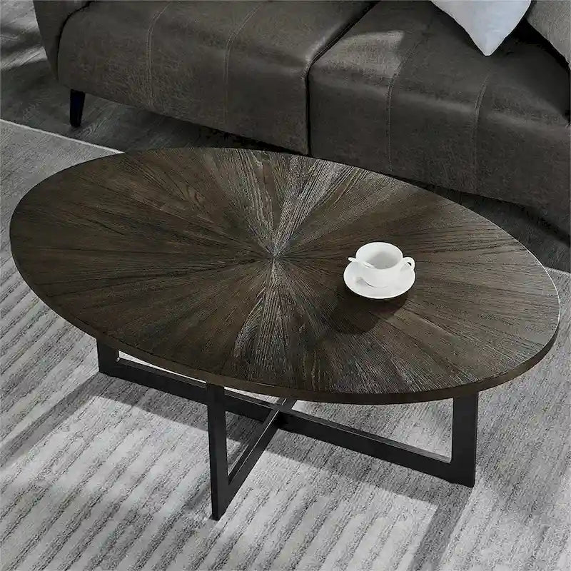Table basse ovale noire/marron/marron rustique, base métallique croisée, étagère à 2 niveaux