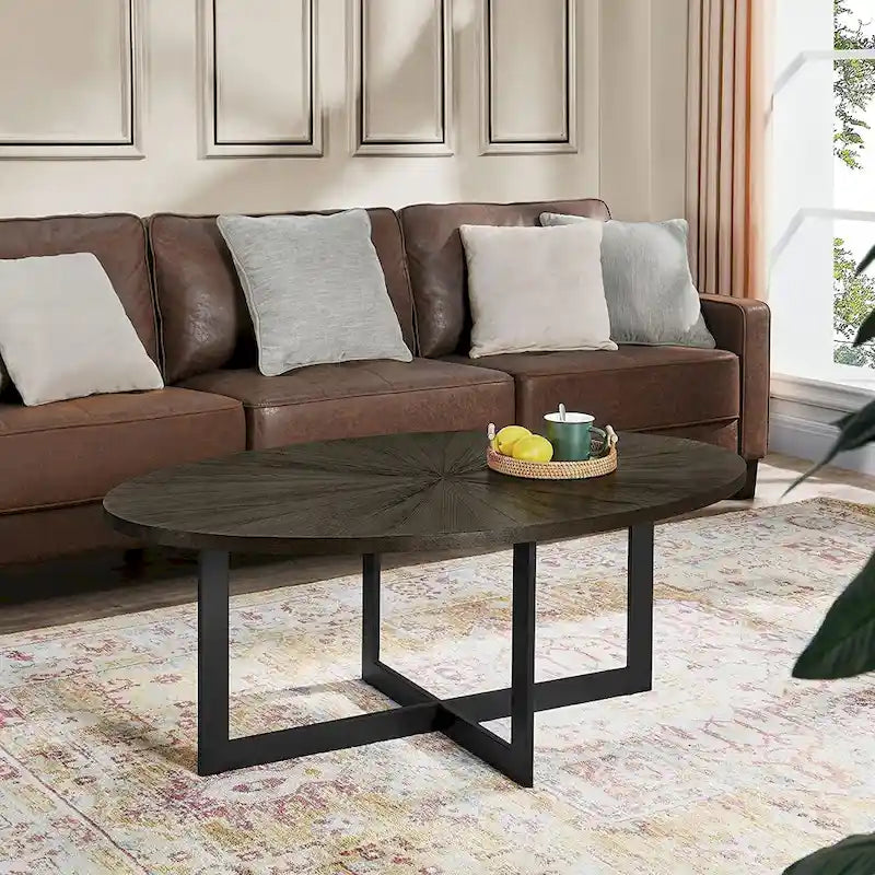Table basse ovale noire/marron/marron rustique, base métallique croisée, étagère à 2 niveaux