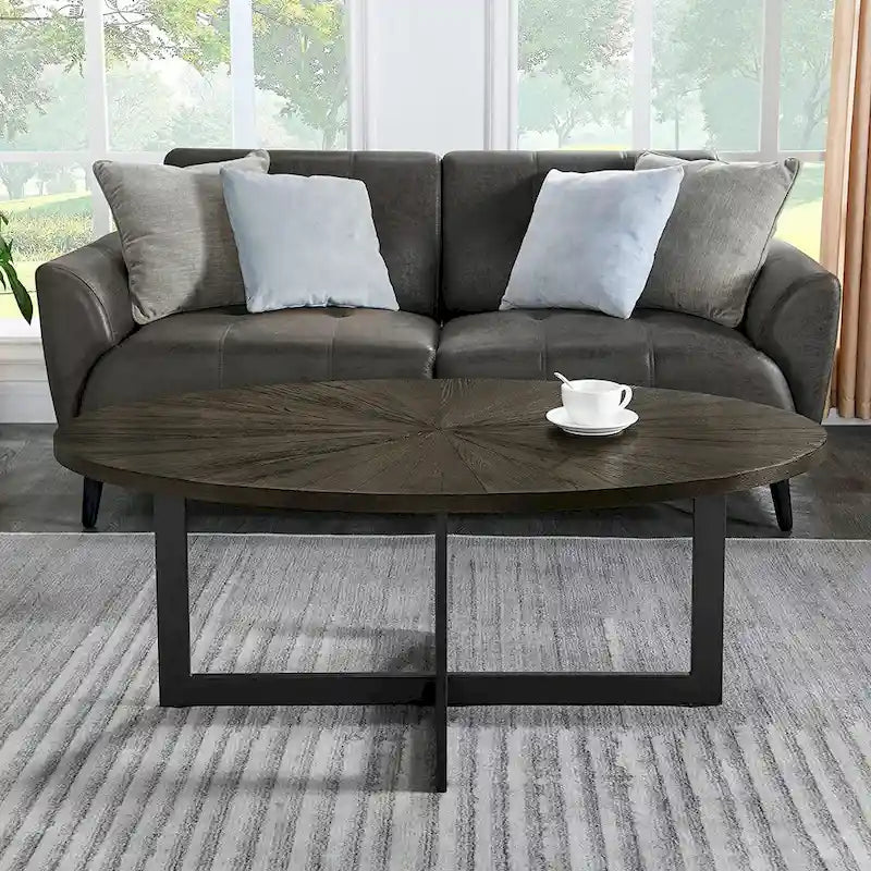 Table basse ovale noire/marron/marron rustique, base métallique croisée, étagère à 2 niveaux