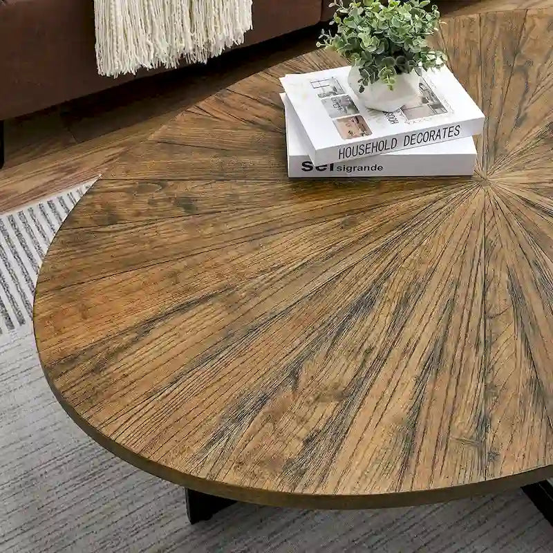 Table basse ovale noire/marron/marron rustique, base métallique croisée, étagère à 2 niveaux