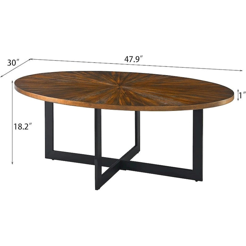 Table basse ovale noire/marron/marron rustique, base métallique croisée, étagère à 2 niveaux