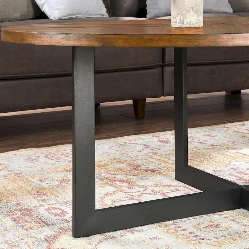Table basse ovale noire/marron/marron rustique, base métallique croisée, étagère à 2 niveaux