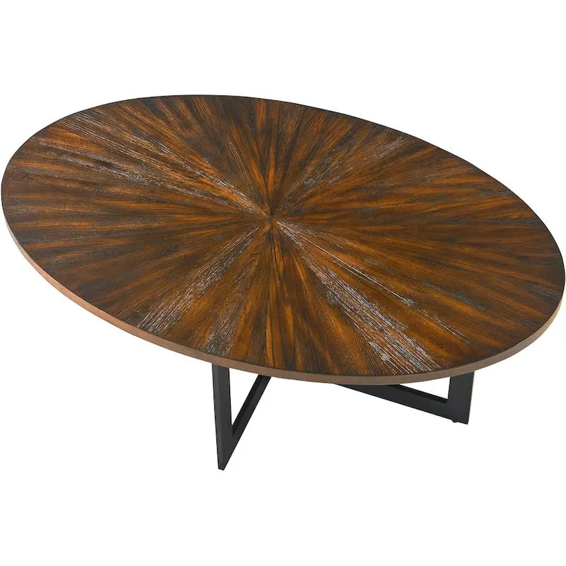 Table basse ovale noire/marron/marron rustique, base métallique croisée, étagère à 2 niveaux