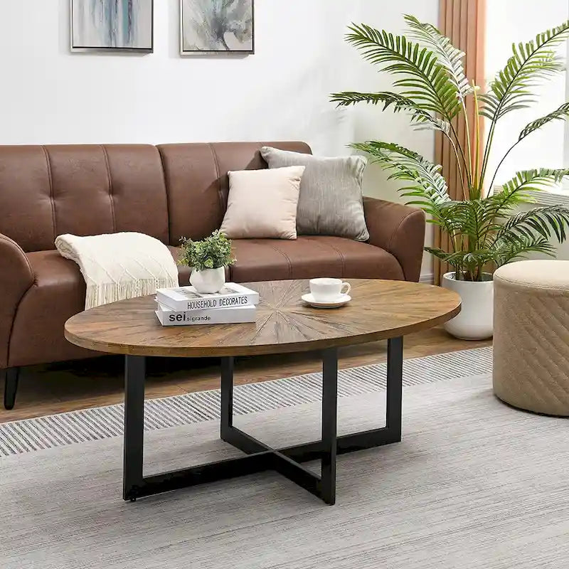 Table basse ovale noire/marron/marron rustique, base métallique croisée, étagère à 2 niveaux