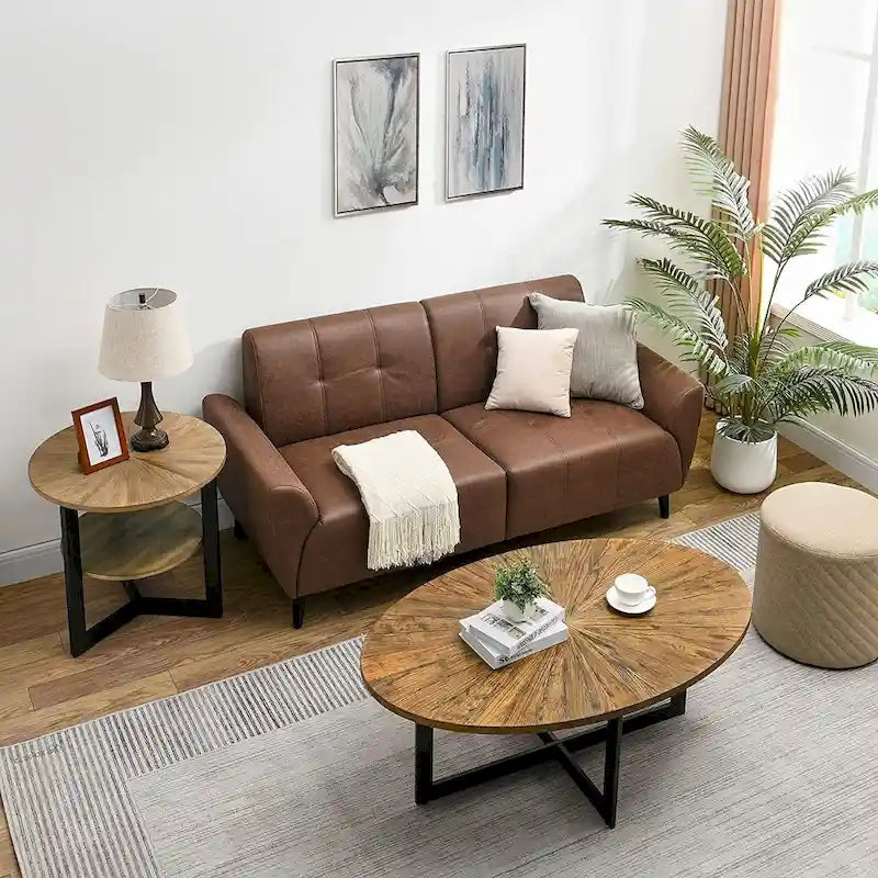 Table basse ovale noire/marron/marron rustique, base métallique croisée, étagère à 2 niveaux