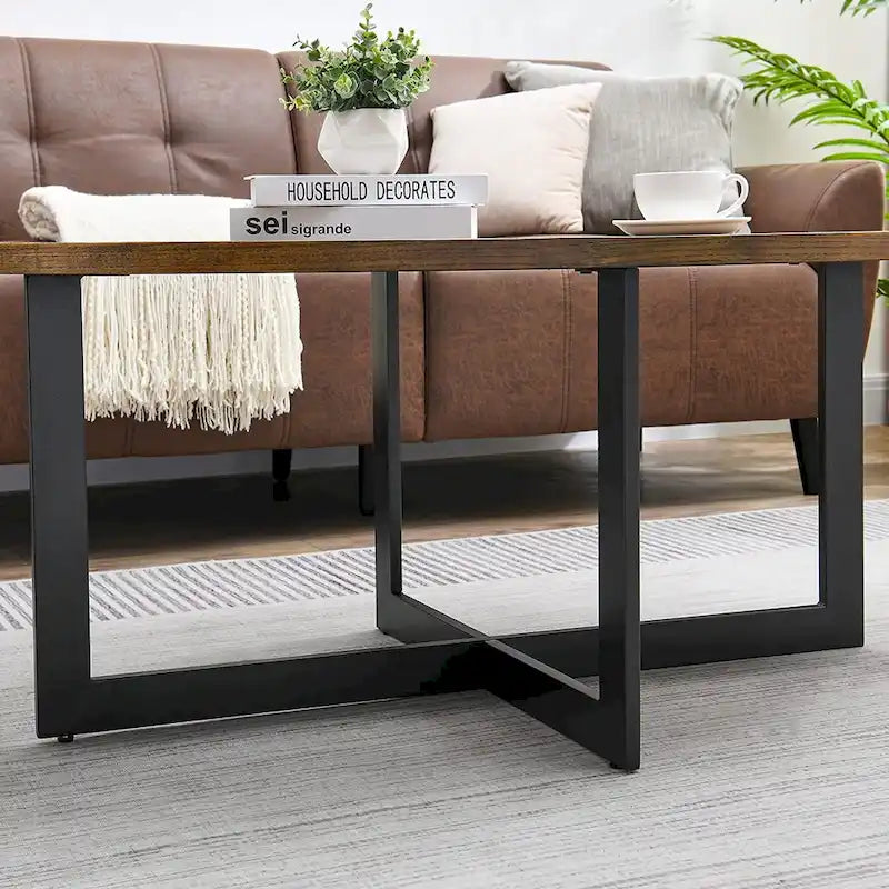 Table basse ovale noire/marron/marron rustique, base métallique croisée, étagère à 2 niveaux