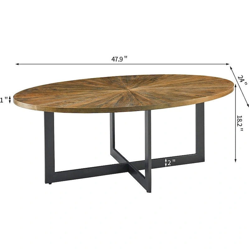 Table basse ovale noire/marron/marron rustique, base métallique croisée, étagère à 2 niveaux
