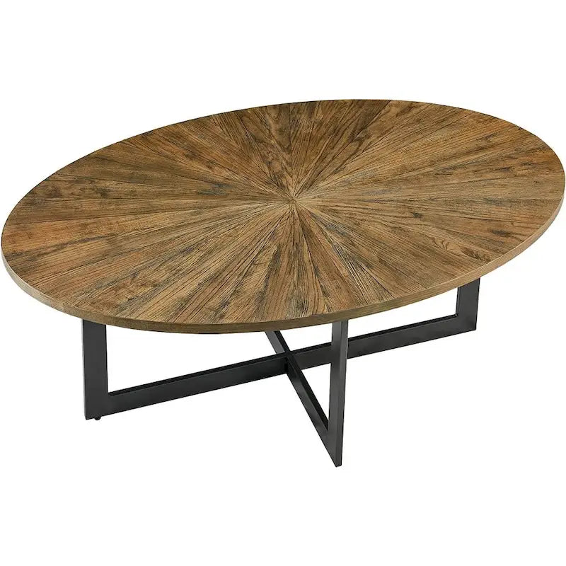 Table basse ovale noire/marron/marron rustique, base métallique croisée, étagère à 2 niveaux