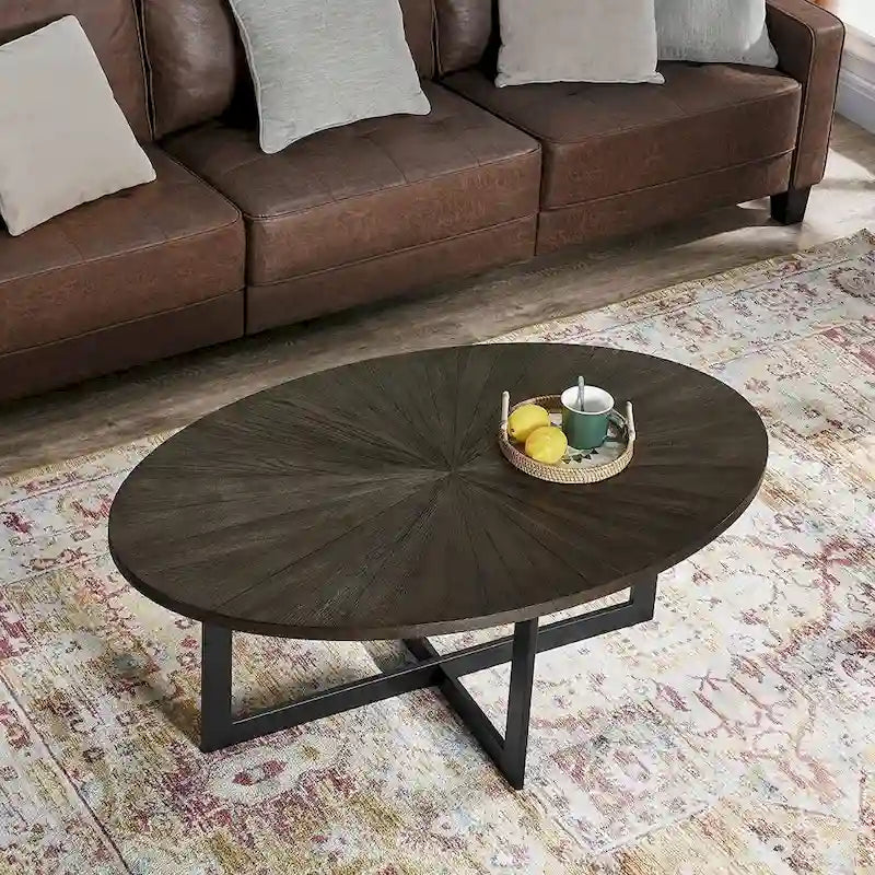Table basse ovale noire/marron/marron rustique, base métallique croisée, étagère à 2 niveaux