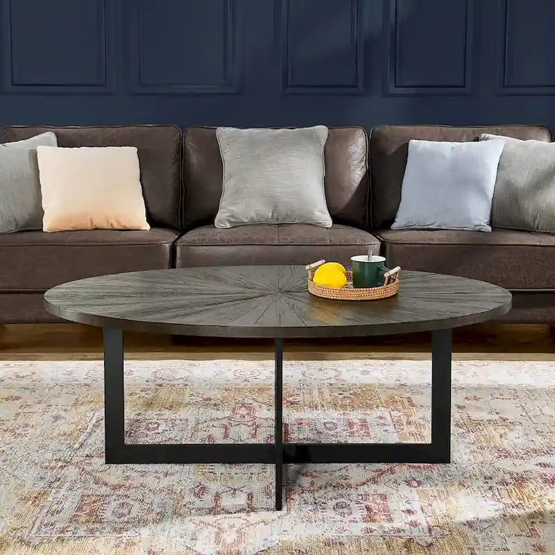 Table basse ovale noire/marron/marron rustique, base métallique croisée, étagère à 2 niveaux