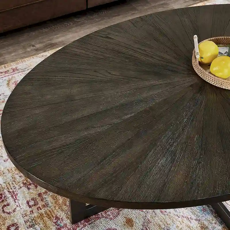 Table basse ovale noire/marron/marron rustique, base métallique croisée, étagère à 2 niveaux