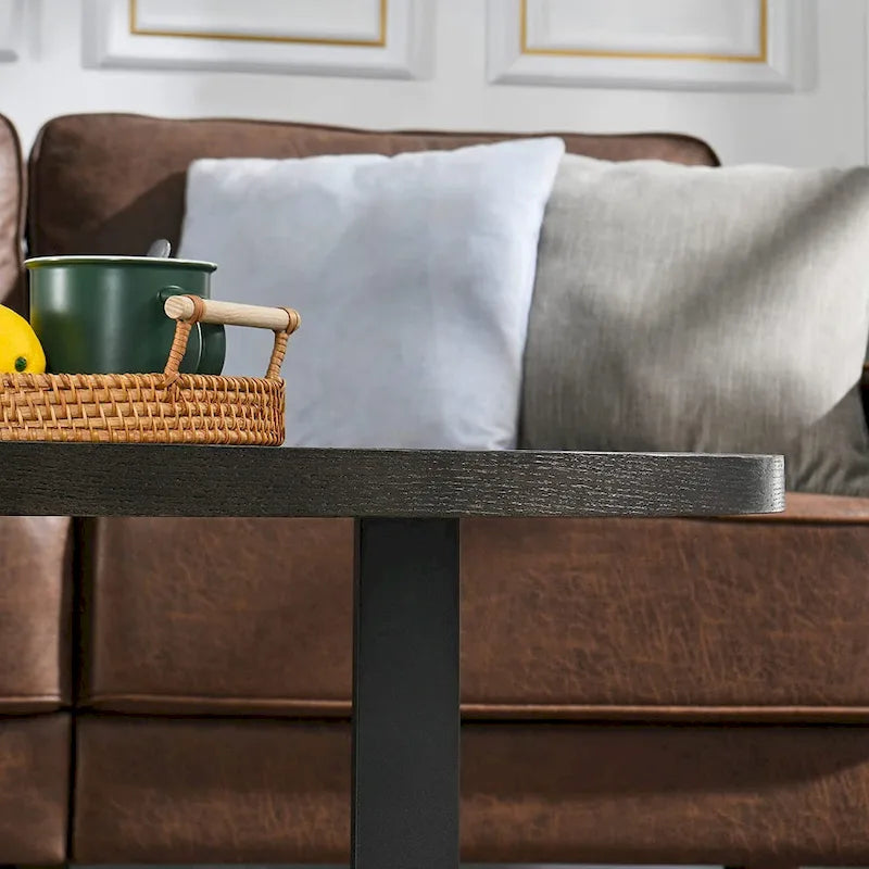 Table basse ovale noire/marron/marron rustique, base métallique croisée, étagère à 2 niveaux