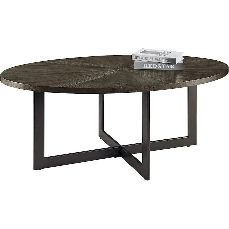 Table basse ovale noire/marron/marron rustique, base métallique croisée, étagère à 2 niveaux