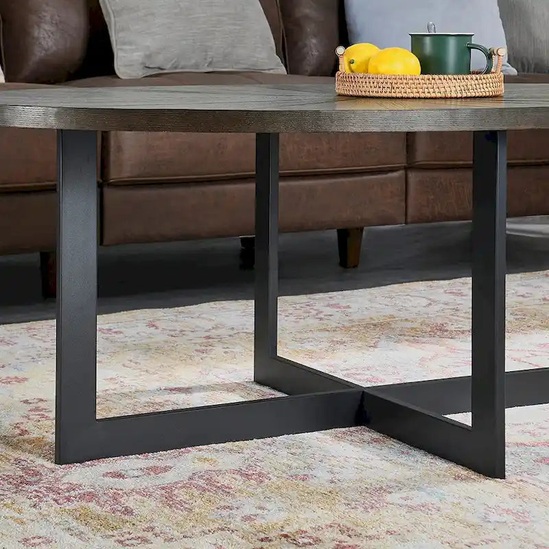 Table basse ovale noire/marron/marron rustique, base métallique croisée, étagère à 2 niveaux