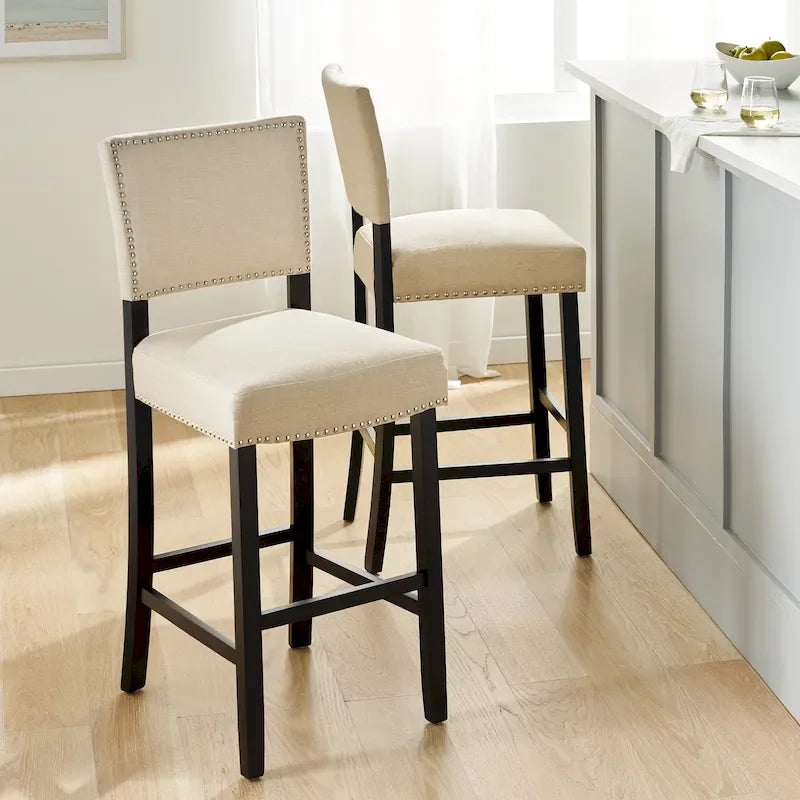 Tabouret de bar contemporain en lin beige, lot de 2, hauteur bar – Clous décoratifs, pieds en bois d'hévéa