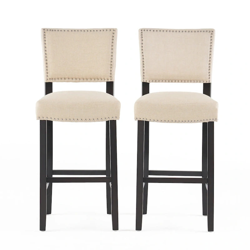 Tabouret de bar contemporain en lin beige, lot de 2, hauteur bar – Clous décoratifs, pieds en bois d'hévéa