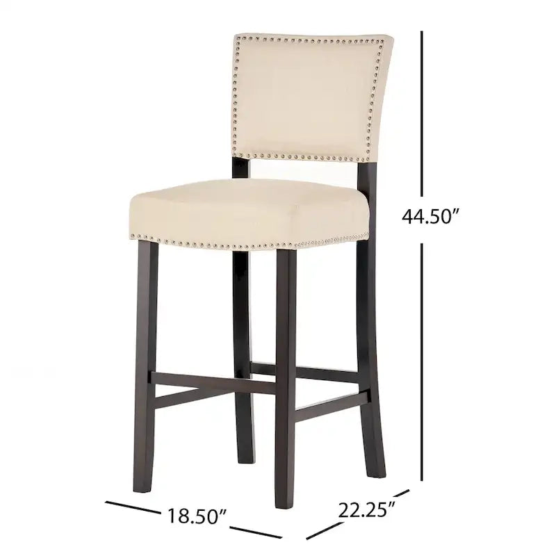 Tabouret de bar contemporain en lin beige, lot de 2, hauteur bar – Clous décoratifs, pieds en bois d'hévéa