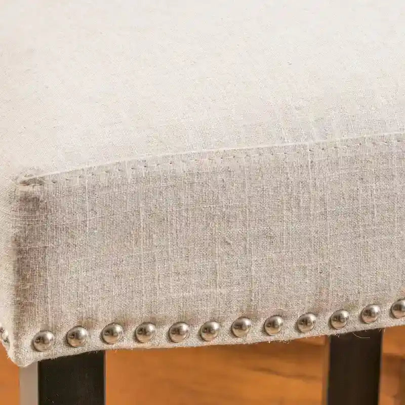 Tabouret de bar contemporain en lin beige, lot de 2, hauteur bar – Clous décoratifs, pieds en bois d'hévéa