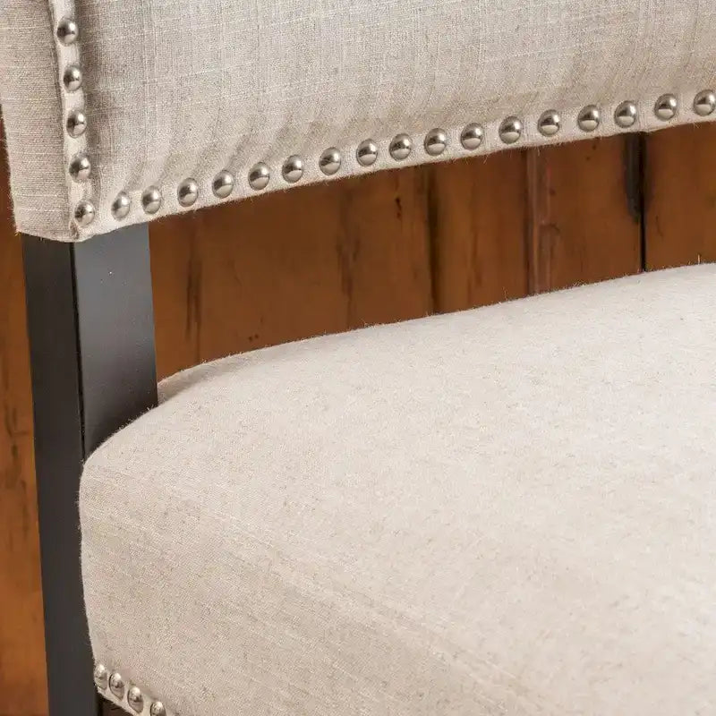 Tabouret de bar contemporain en lin beige, lot de 2, hauteur bar – Clous décoratifs, pieds en bois d'hévéa
