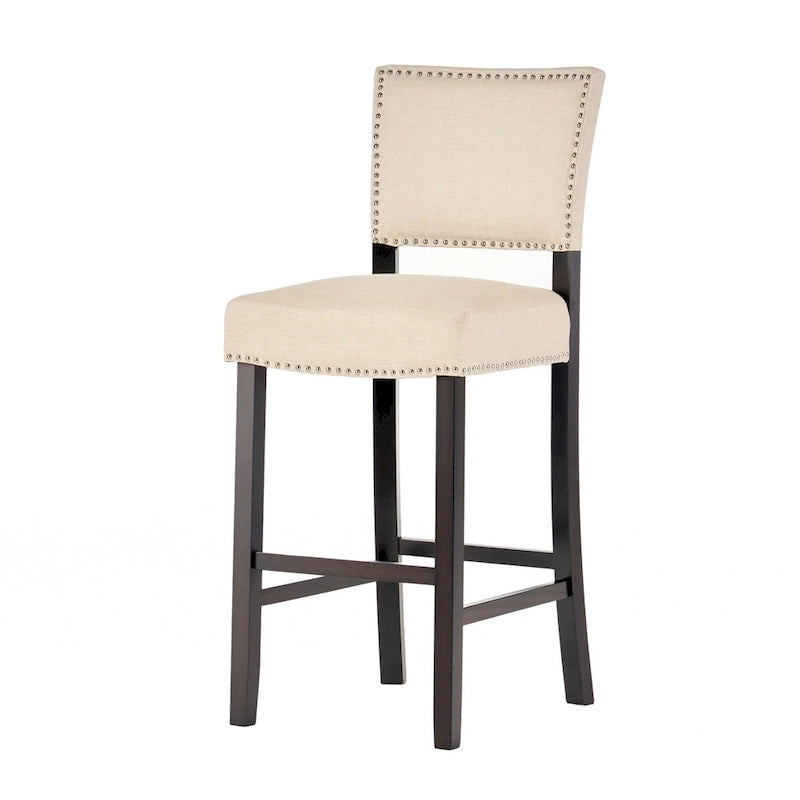 Tabouret de bar contemporain en lin beige, lot de 2, hauteur bar – Clous décoratifs, pieds en bois d'hévéa