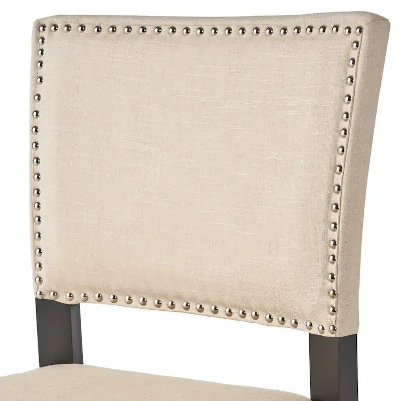 Tabouret de bar contemporain en lin beige, lot de 2, hauteur bar – Clous décoratifs, pieds en bois d'hévéa