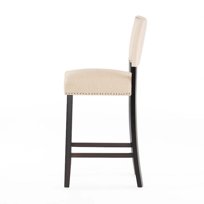 Tabouret de bar contemporain en lin beige, lot de 2, hauteur bar – Clous décoratifs, pieds en bois d'hévéa