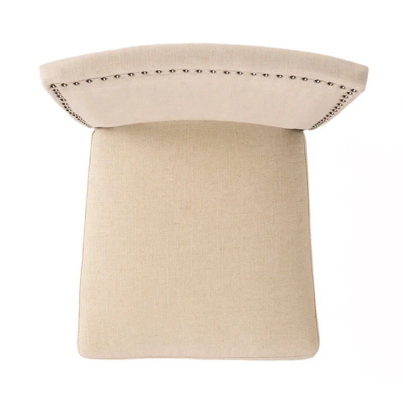 Tabouret de bar contemporain en lin beige, lot de 2, hauteur bar – Clous décoratifs, pieds en bois d'hévéa