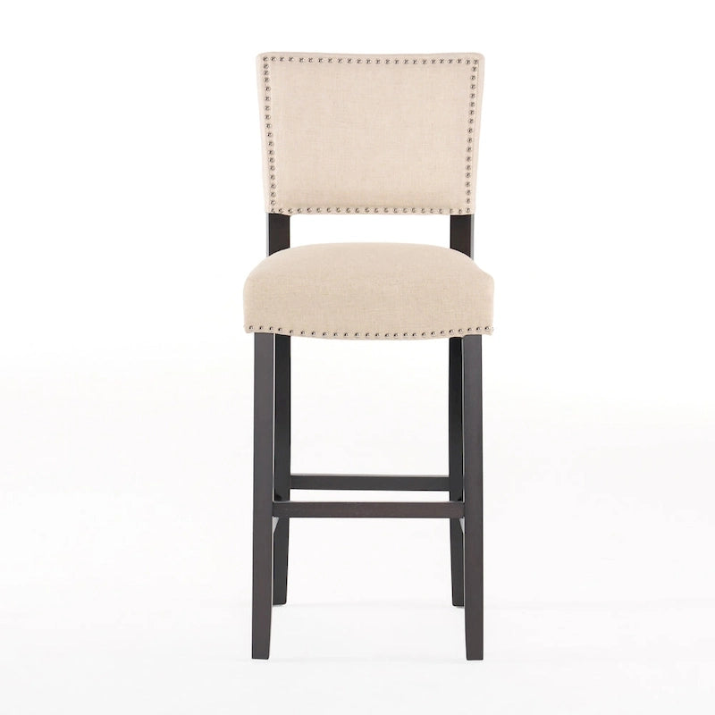 Tabouret de bar contemporain en lin beige, lot de 2, hauteur bar – Clous décoratifs, pieds en bois d'hévéa
