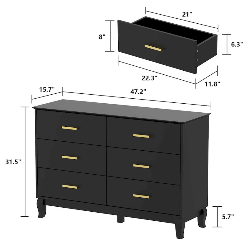 Commode double noire/blanche à 6 tiroirs, style Mid-Century, 120 cm de large, assemblage par 2 personnes