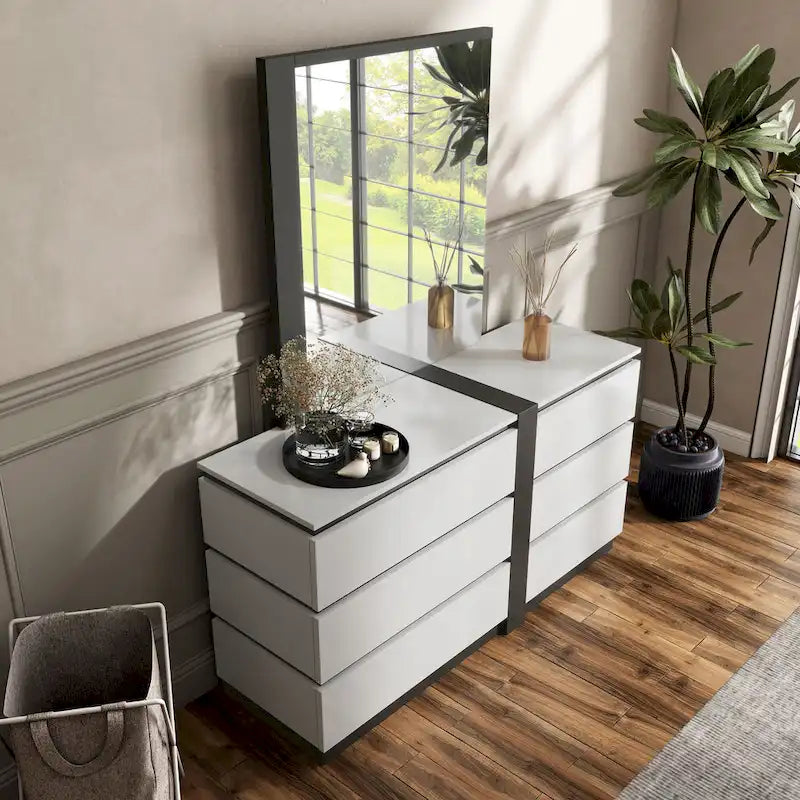 Ensemble commode et miroir 6 tiroirs en bois 2 pièces Conjira Contemporary White par Furniture of America