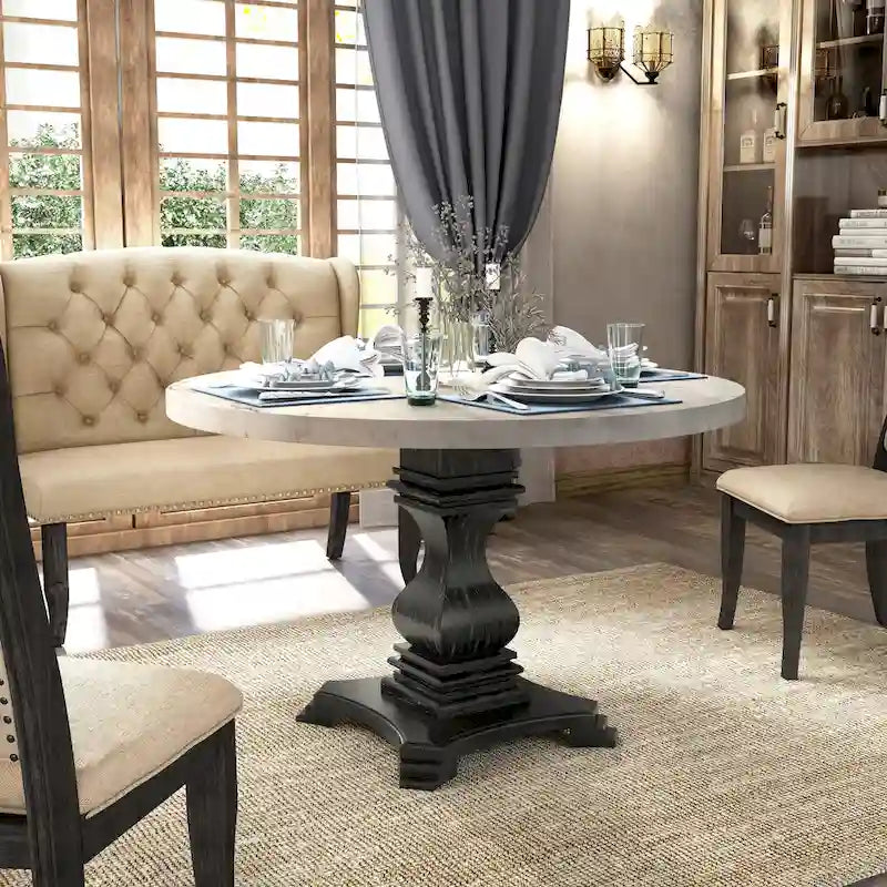 Table à manger sur pied blanche et noire antique, 4 places